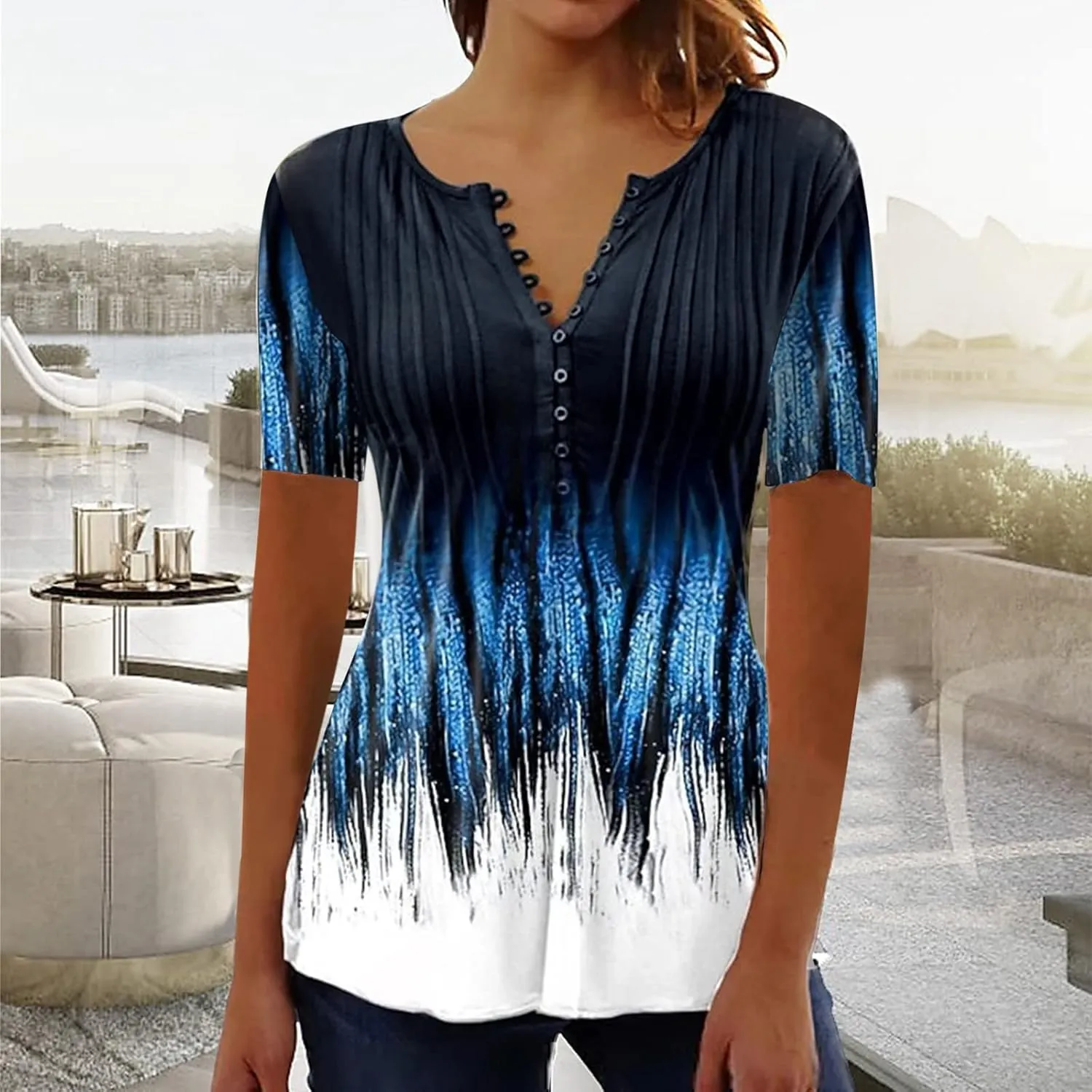 SMIDOW Womens Tunic Tops Trendy Vintage Boho Shirts Short Sleeve Notch v Neck t-Shirt 2023 Casual Summer Blouse Empire Waist