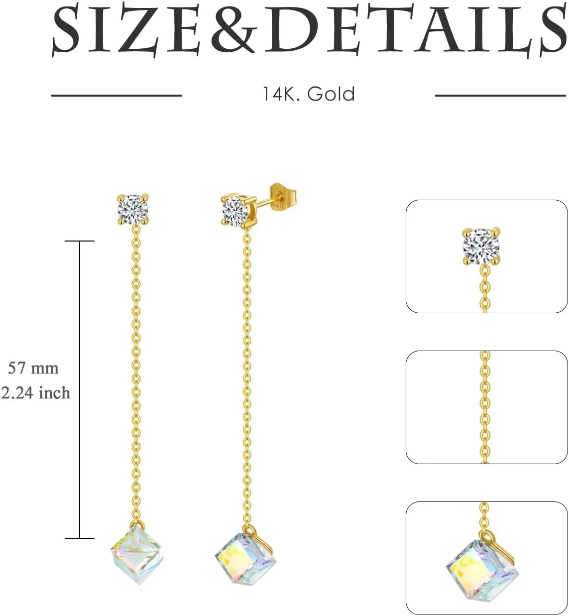 Solid 14K Gold Threader Earrings 14K Gold Crystal Dangle Earrings for Women Threader Earrings Pull Through Earrings Dangle Earrings Long Chain Earrings