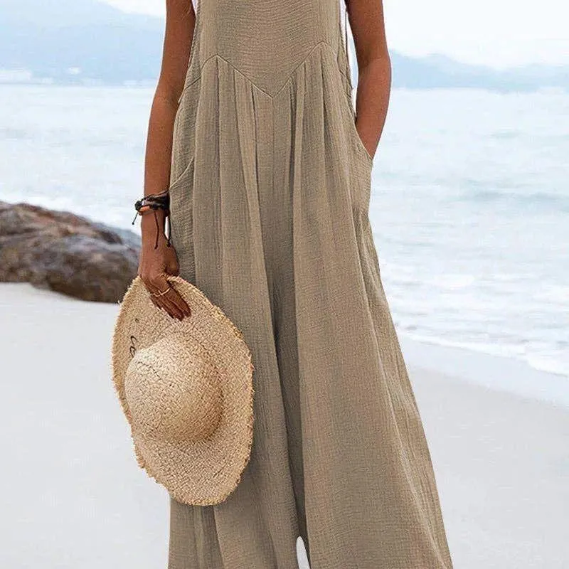 Solid Color Overall Loose Crepe Jumpsuits Khaki