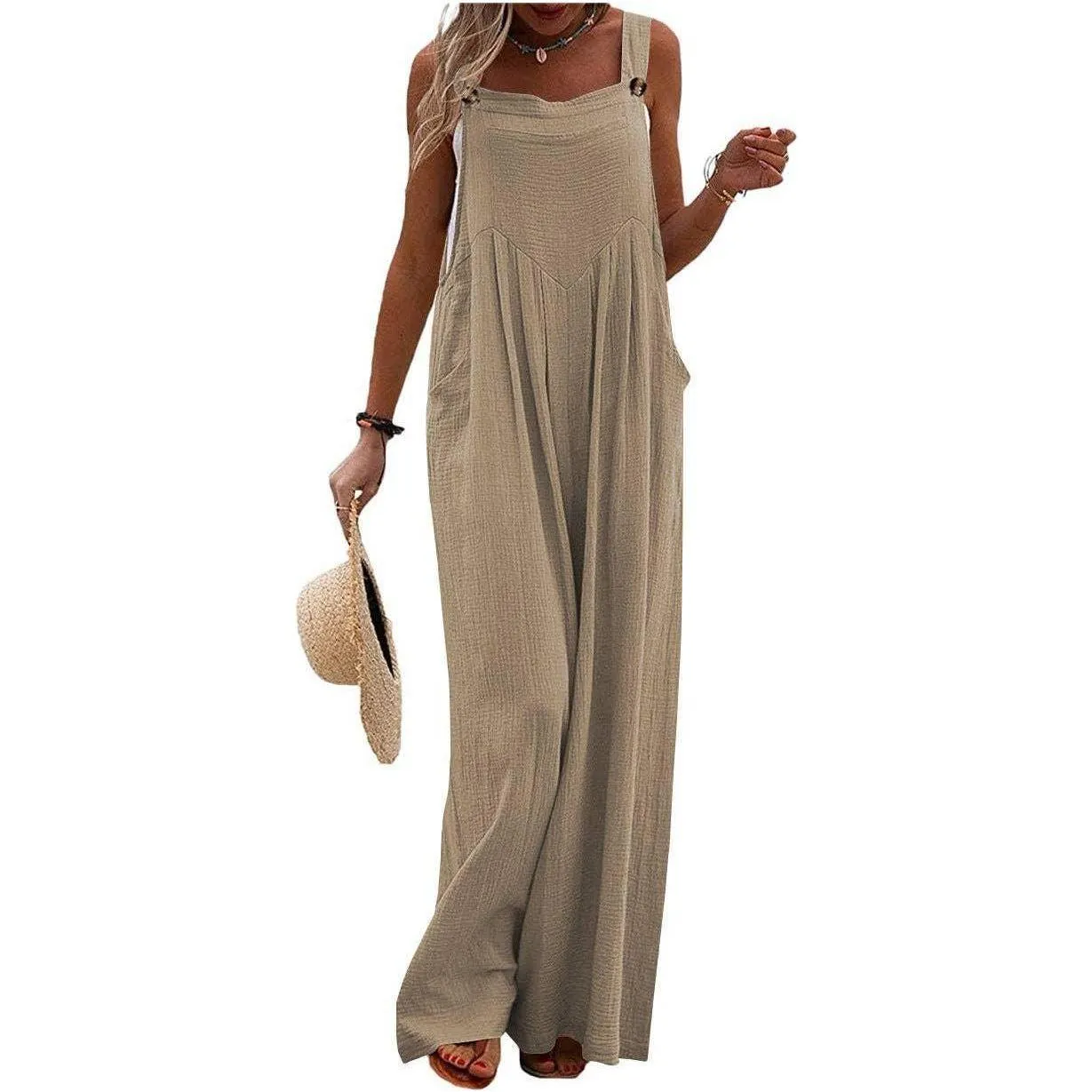 Solid Color Overall Loose Crepe Jumpsuits Khaki