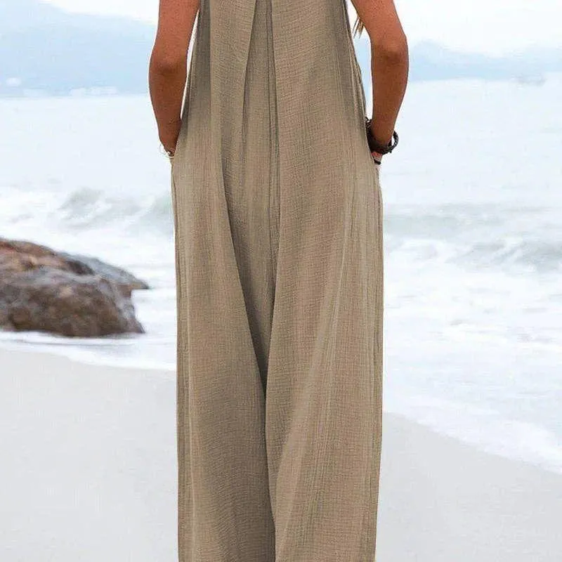 Solid Color Overall Loose Crepe Jumpsuits Khaki
