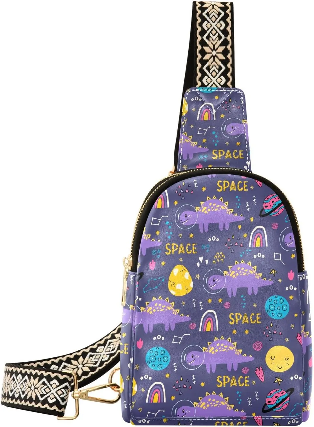 Space Dinosaurs Fanny Pack Crossbody PC Leather Small Sling Bag for Women Planets Stars Rainbows Fashion Waist Packs Chest Bag for Travel Sports Running Hiking