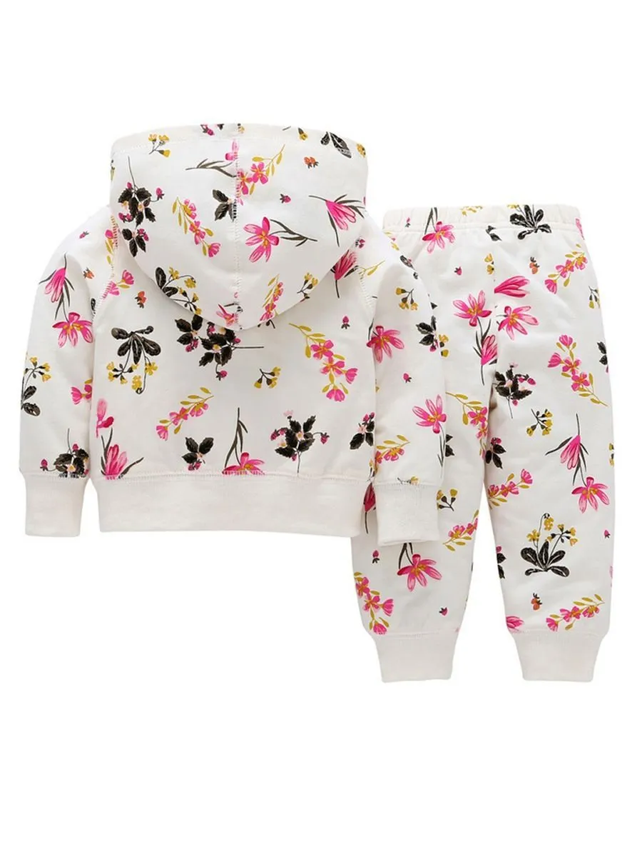 Spring Baby Girl Flower 2-Piece Outfits Hooded Jacket Pants