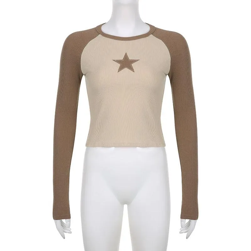 Stars Patchwork Long Sleeve T-shirts Women Slim Tops