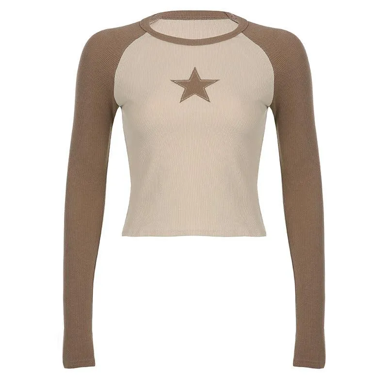 Stars Patchwork Long Sleeve T-shirts Women Slim Tops