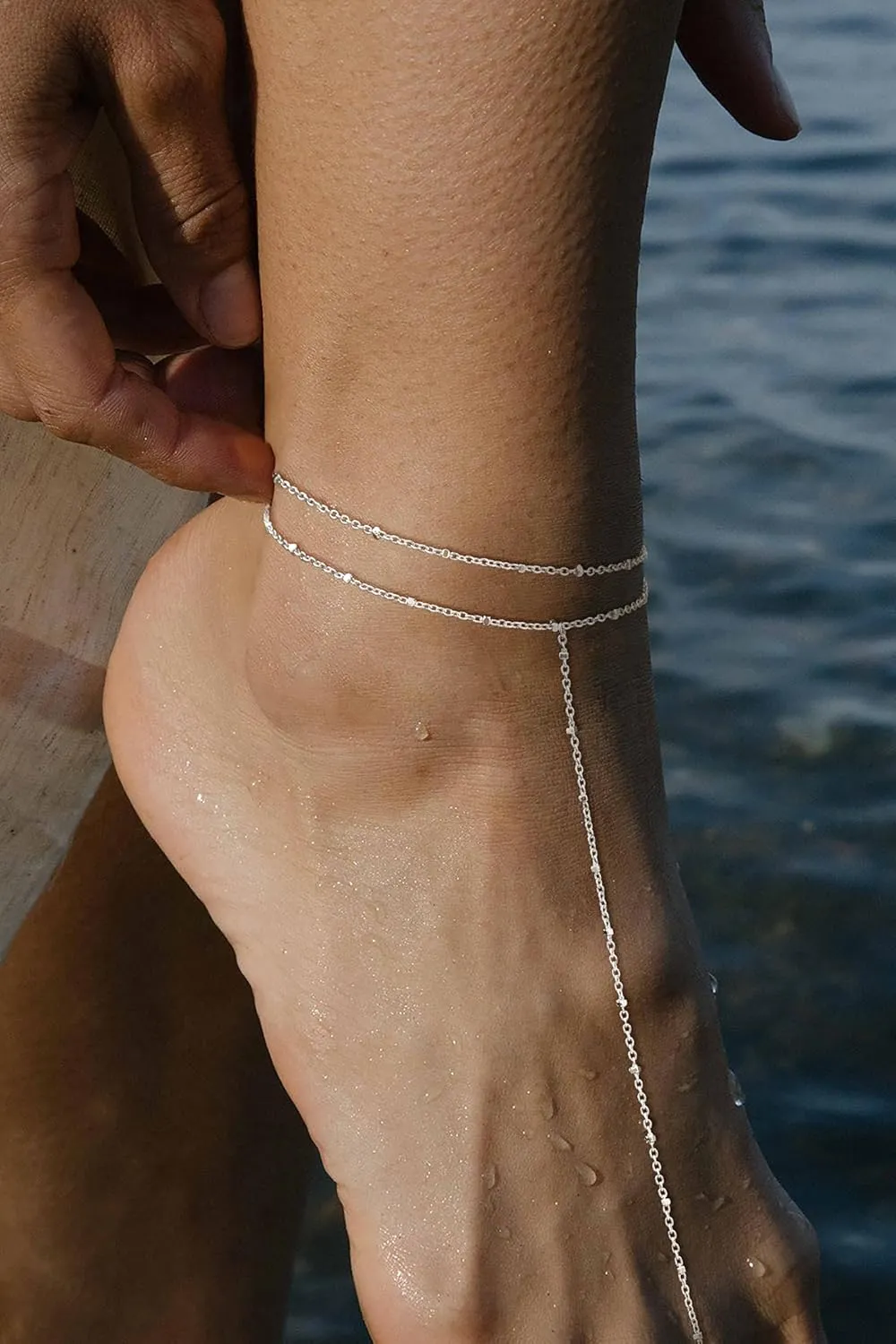 Sterling Silver Ankle Bracelets for Women: Dainty Layered Waterproof Anklet for Women Adjustable Womens Anklet Set Stackable Figaro Beaded Cuban Link Anklets Beach Jewelry for Women