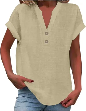 Summer Cotton Linen Shirts for Women 2025 Button Down Short Sleeve V Neck Shirts Solid Color Comfy Blouses Tunic Tops