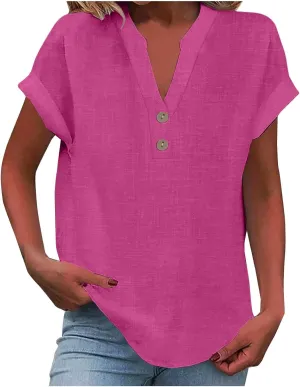 Summer Cotton Linen Shirts for Women 2025 Button Down Short Sleeve V Neck Shirts Solid Color Comfy Blouses Tunic Tops