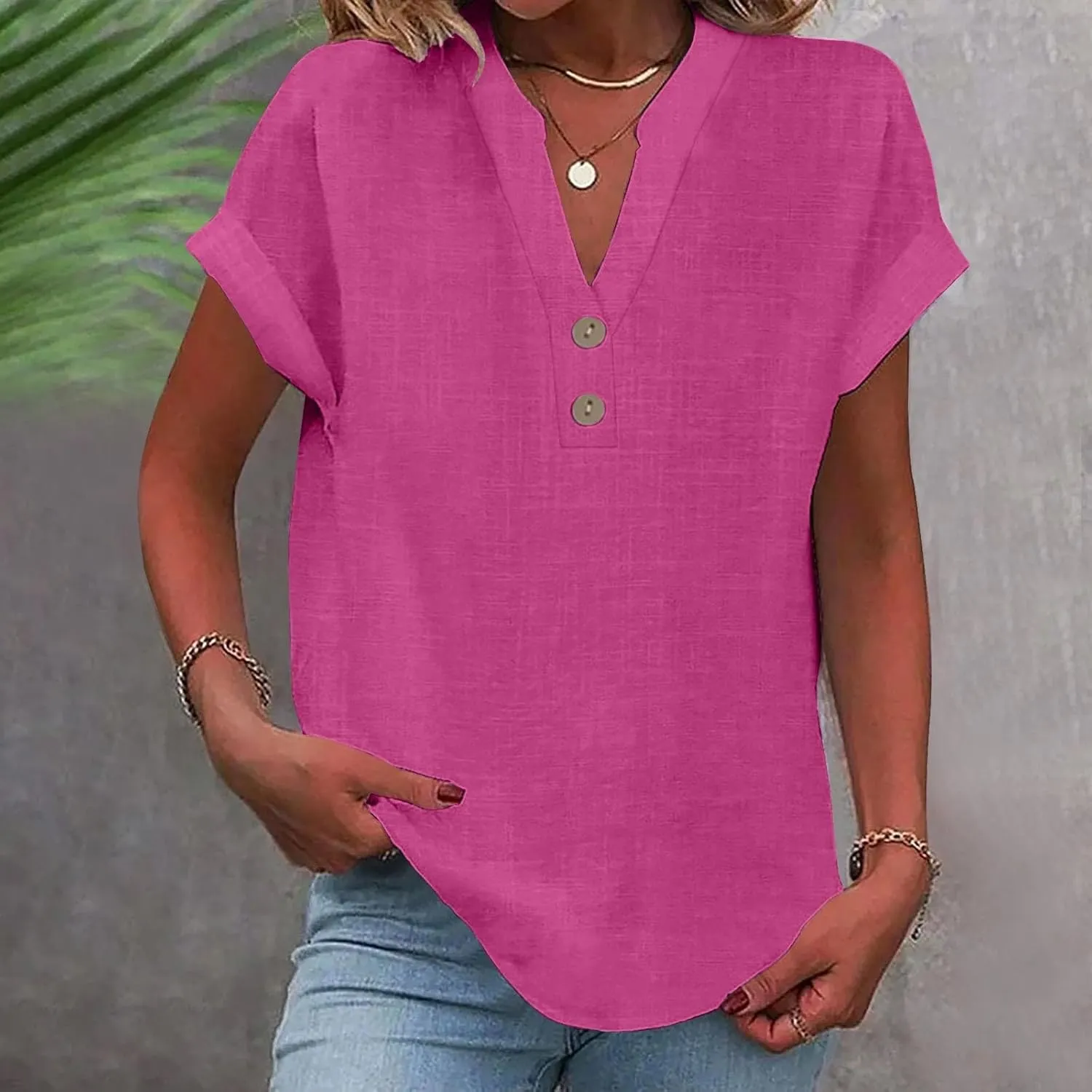 Summer Cotton Linen Shirts for Women 2025 Button Down Short Sleeve V Neck Shirts Solid Color Comfy Blouses Tunic Tops