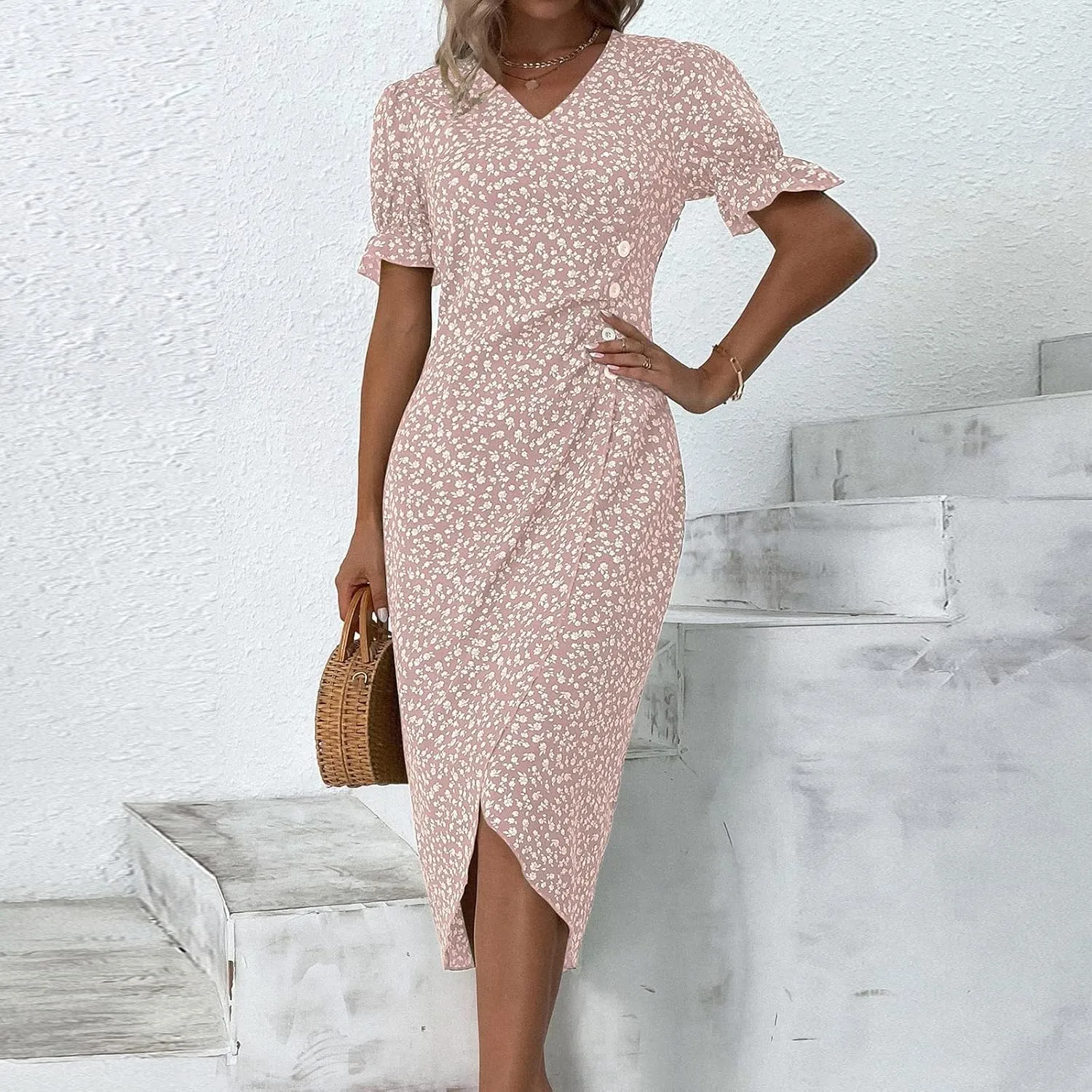 Summer Dresses for Women 2024 Casual V Neck A-line Boho Dress Ditsy Floral Flounce Sleeve Wrap Hem Dress