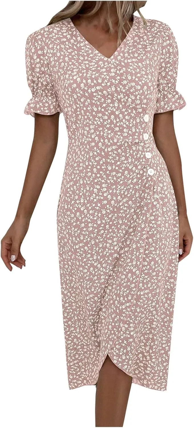 Summer Dresses for Women 2024 Casual V Neck A-line Boho Dress Ditsy Floral Flounce Sleeve Wrap Hem Dress