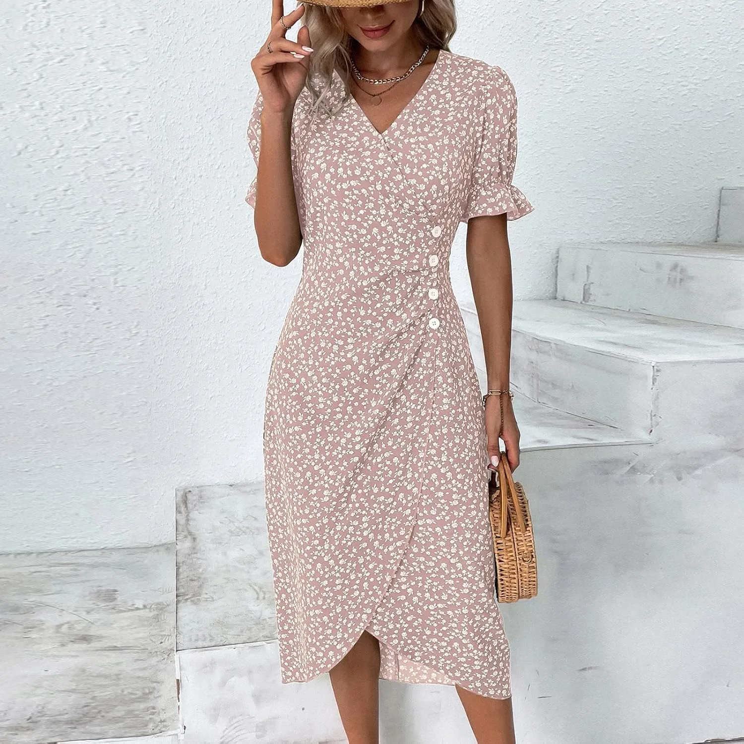 Summer Dresses for Women 2024 Casual V Neck A-line Boho Dress Ditsy Floral Flounce Sleeve Wrap Hem Dress