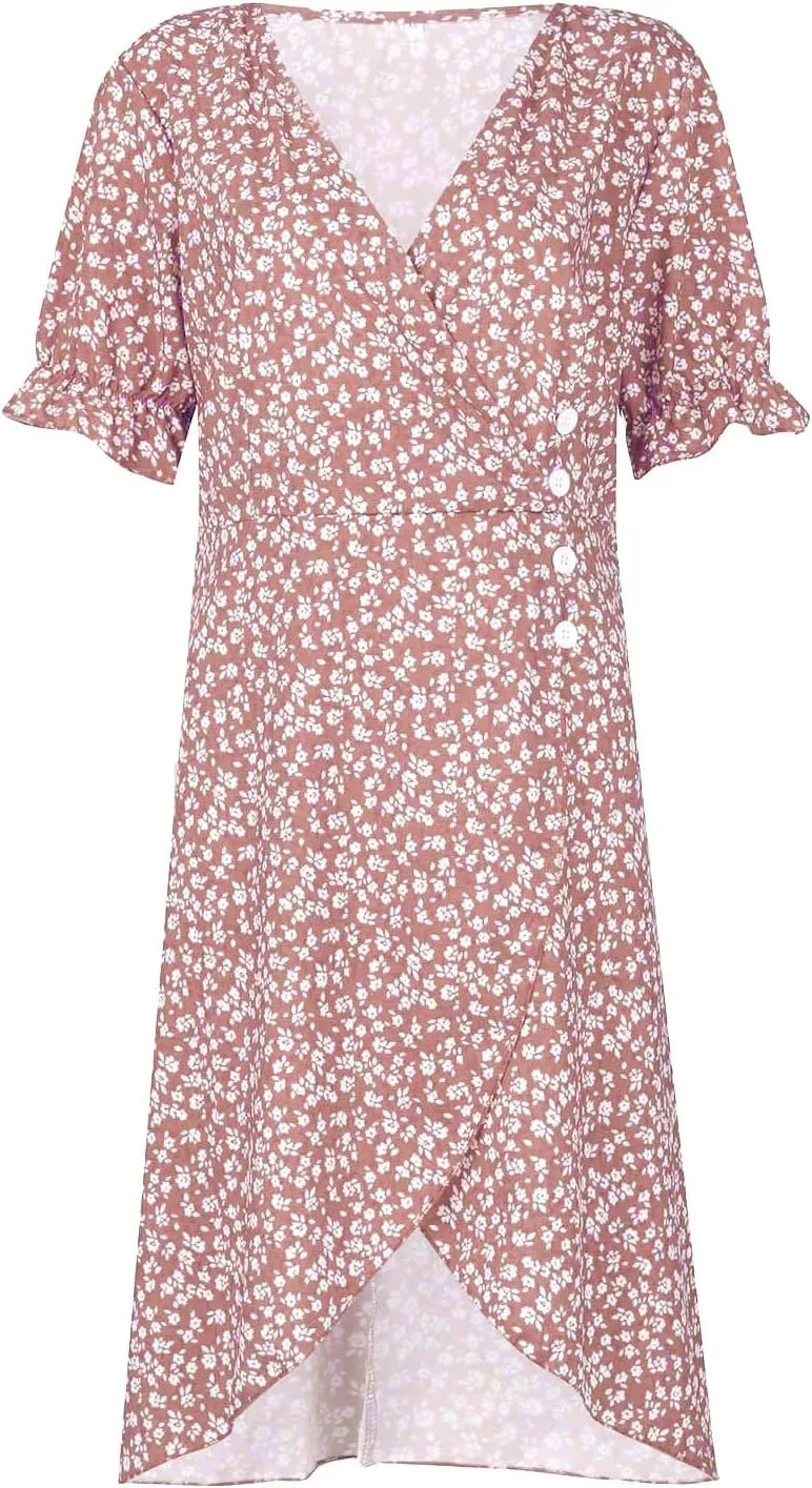 Summer Dresses for Women 2024 Casual V Neck A-line Boho Dress Ditsy Floral Flounce Sleeve Wrap Hem Dress