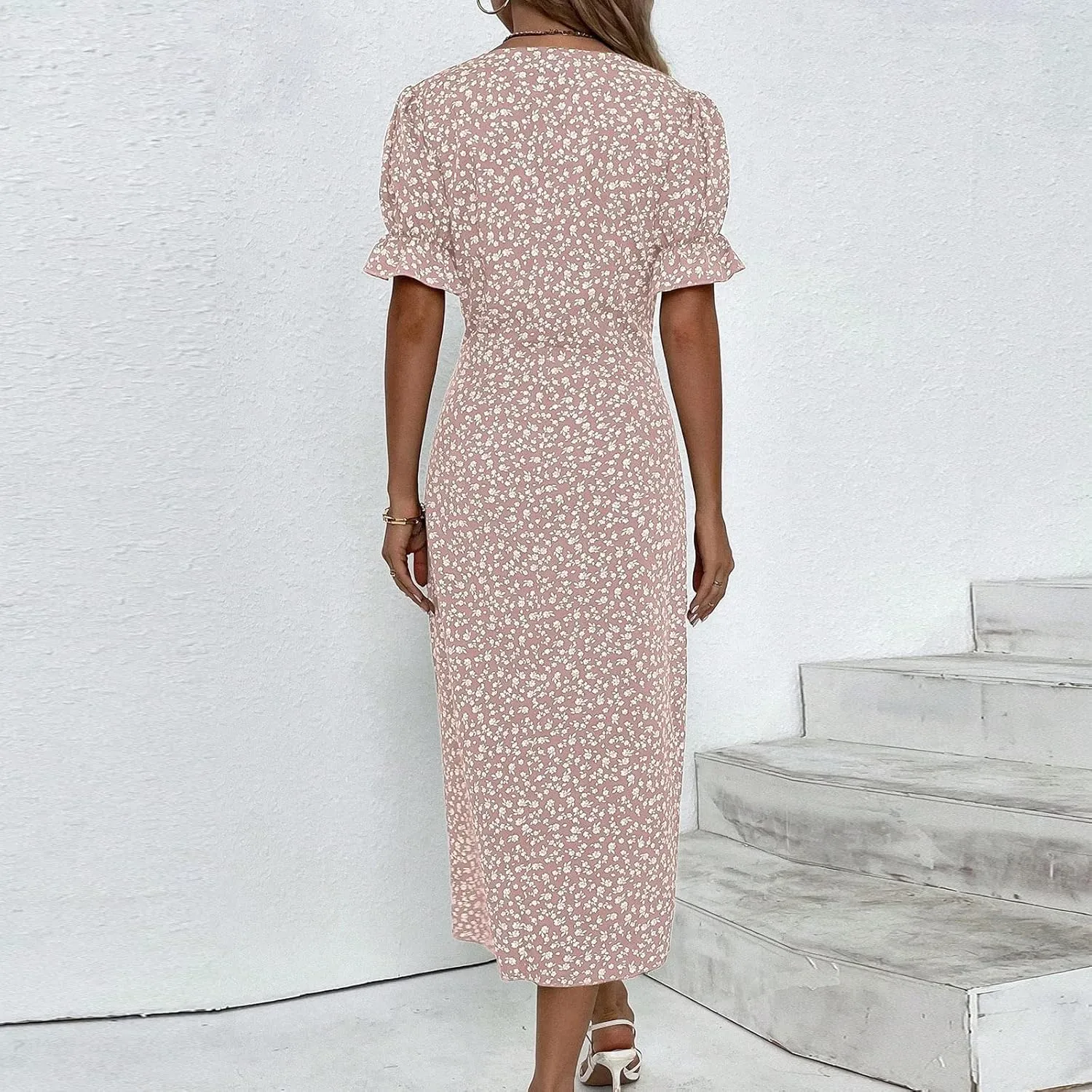 Summer Dresses for Women 2024 Casual V Neck A-line Boho Dress Ditsy Floral Flounce Sleeve Wrap Hem Dress