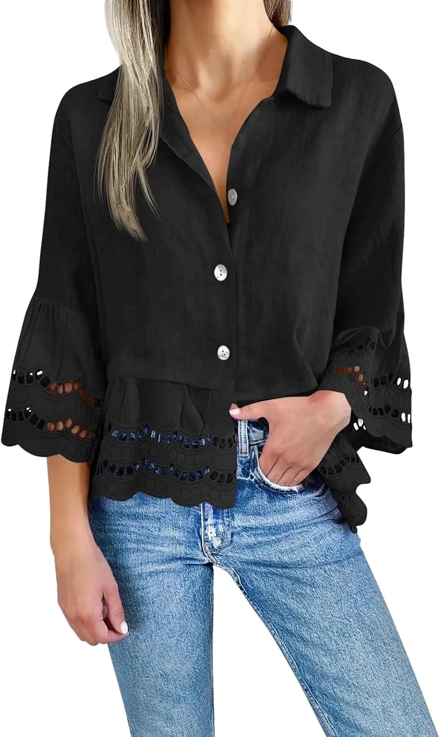 Summer Shirts for Women Fashion 3/4 Bell Sleeve Button Down Shirts Casual V Neck Lace Blouses Hollow Out Ruffle Hem Tops