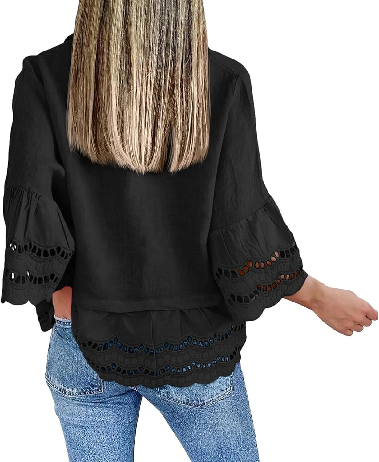 Summer Shirts for Women Fashion 3/4 Bell Sleeve Button Down Shirts Casual V Neck Lace Blouses Hollow Out Ruffle Hem Tops