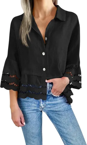 Summer Shirts for Women Fashion 3/4 Bell Sleeve Button Down Shirts Casual V Neck Lace Blouses Hollow Out Ruffle Hem Tops