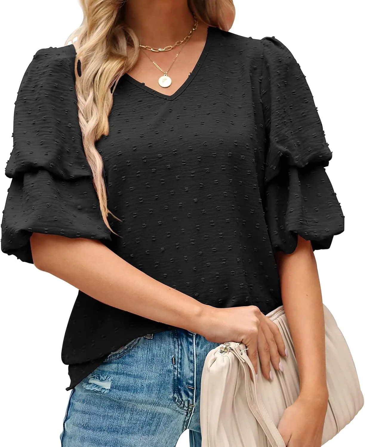 Summer Solid Color Tops Womens Chiffon Tunic V Neck Shirt Long Sleeve Tees Casual Polka Dot Blouse