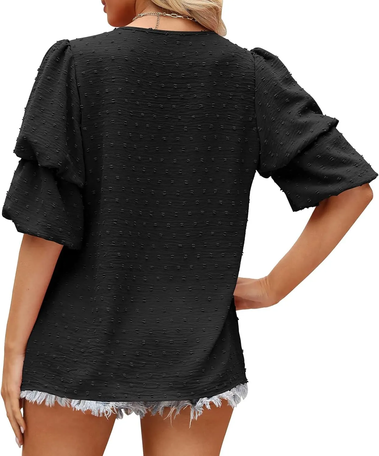 Summer Solid Color Tops Womens Chiffon Tunic V Neck Shirt Long Sleeve Tees Casual Polka Dot Blouse