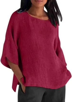 Summer Solid Linen Shirts for Womens Cotton Linen Shirt Casual 3/4 Sleeve Solid Color Crewneck Tunic Tops Beach Blouse