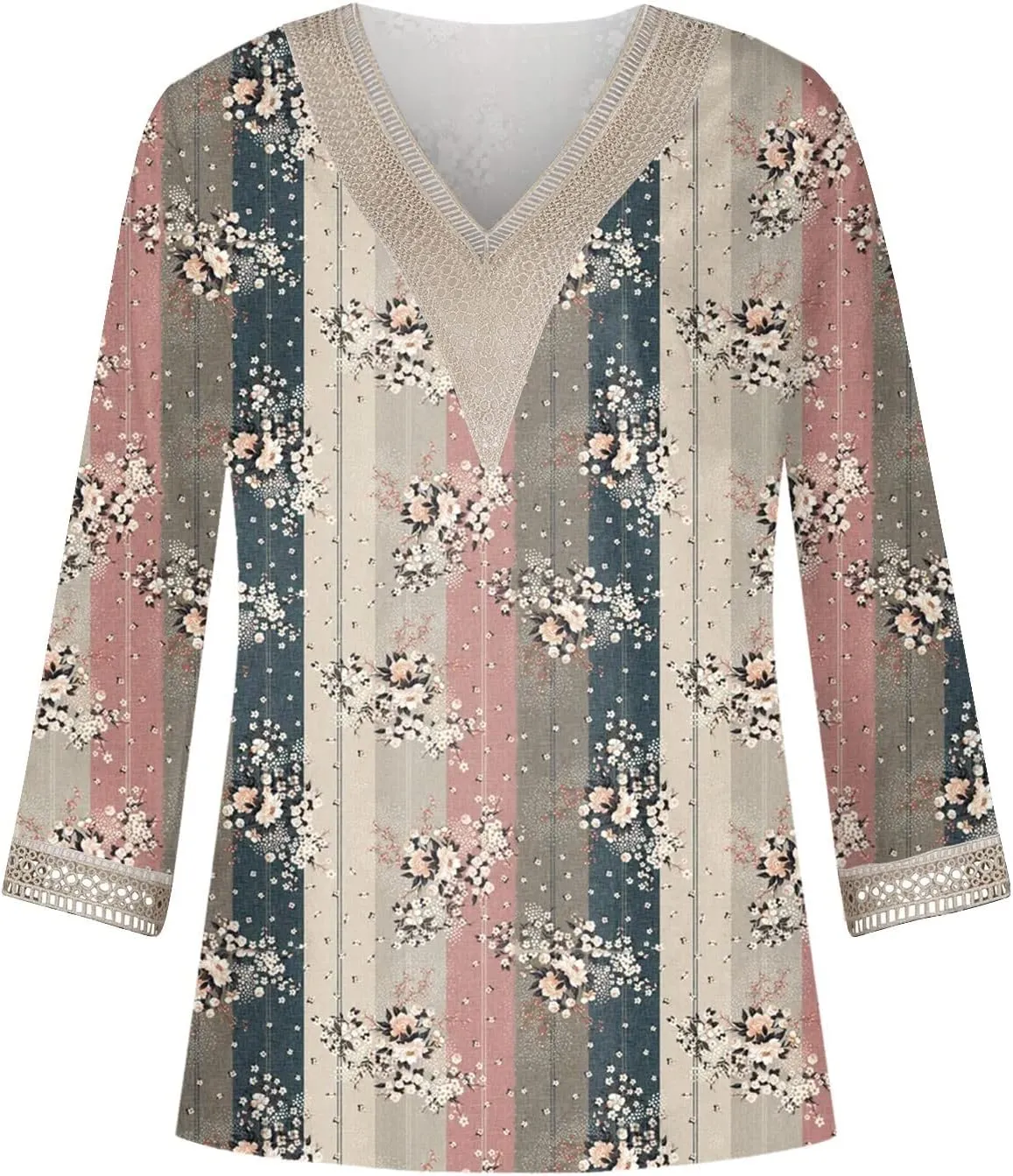 Summer Tops for Women 2024 3/4 Sleeve Bohemian T-Shirts for Womens V Neck Loose Frill Floral Trendy Shirt