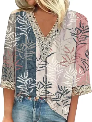 Summer Tops for Women 2024 3/4 Sleeve Bohemian T-Shirts for Womens V Neck Loose Frill Floral Trendy Shirt
