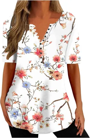 Summer Tops for Women 2024 Dressy Casual Boho Floral Print Tunic Shirts Short Sleeve Button Henley Tshirt Loose Blouse