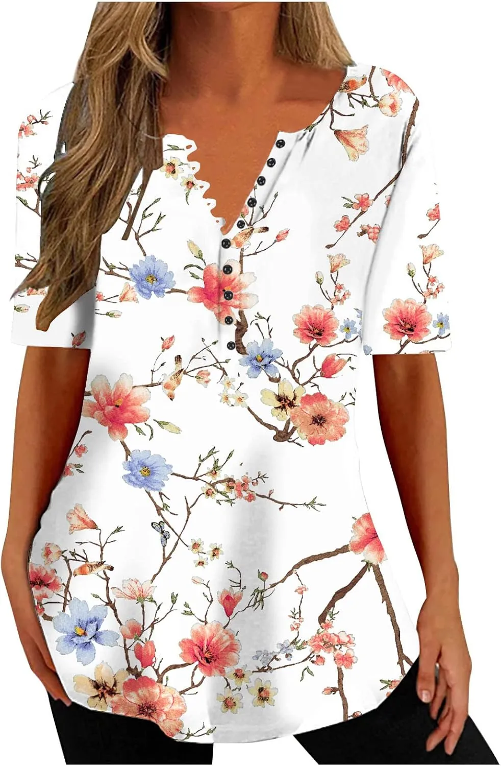 Summer Tops for Women 2024 Dressy Casual Boho Floral Print Tunic Shirts Short Sleeve Button Henley Tshirt Loose Blouse