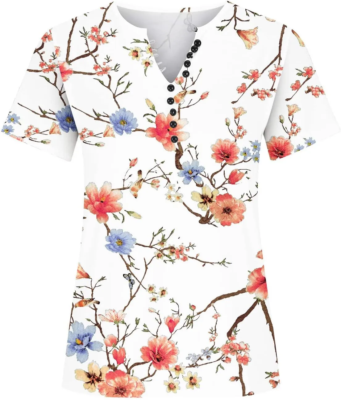 Summer Tops for Women 2024 Dressy Casual Boho Floral Print Tunic Shirts Short Sleeve Button Henley Tshirt Loose Blouse