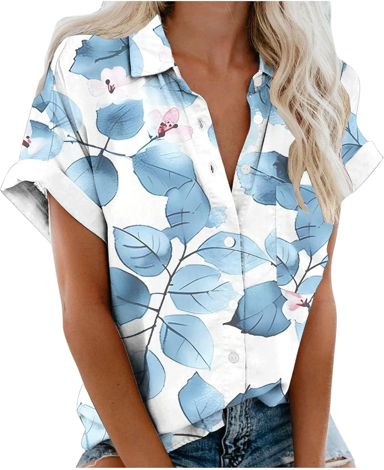 Summer Tops for Women 2024 Vacation Beach Vacation Short Sleeve Floral Print Shirts Casual Loose Bohemian Blouses