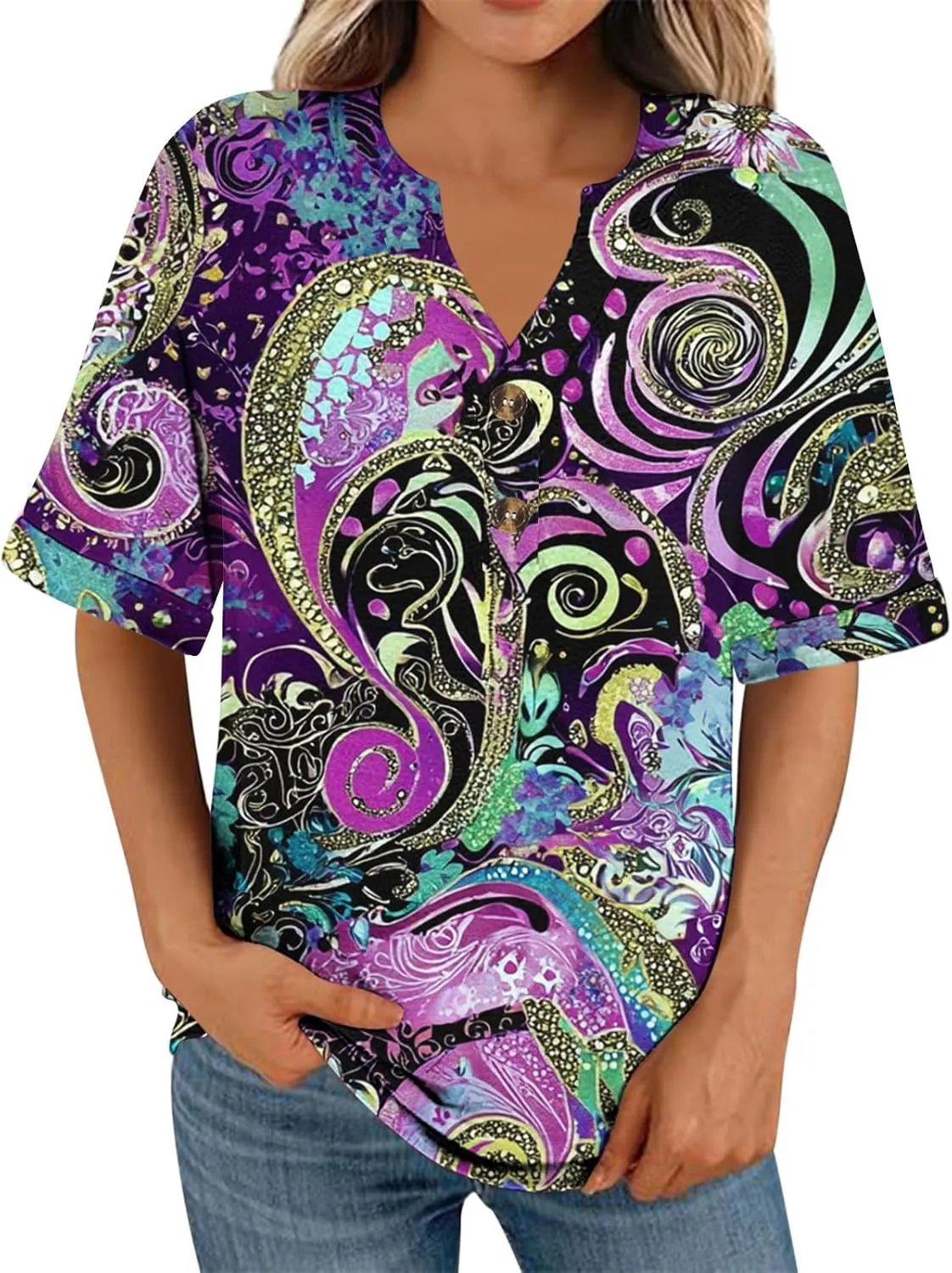 Summer Tops for Women 2025 Boho Short Sleeve V Neck Tunic Shirts Dressy Casual Floral Blouse Trendy Vacation Outfits
