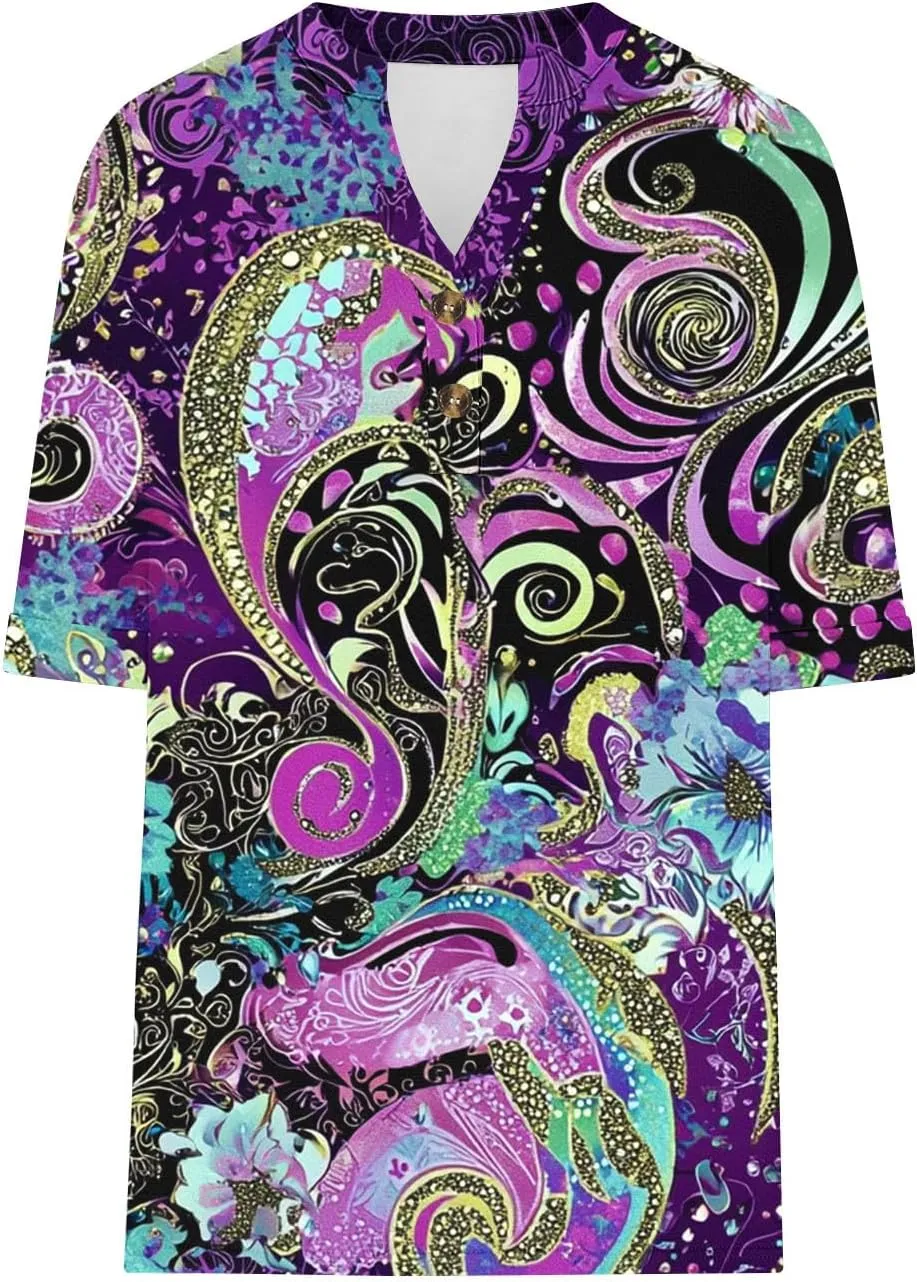 Summer Tops for Women 2025 Boho Short Sleeve V Neck Tunic Shirts Dressy Casual Floral Blouse Trendy Vacation Outfits