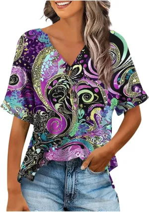 Summer Tops for Women 2025 Boho Short Sleeve V Neck Tunic Shirts Dressy Casual Floral Blouse Trendy Vacation Outfits