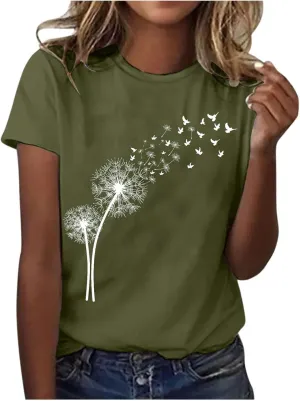 Summer Tops for Women 2025 Cute Floral Graphic Tee Shirt Dressy Round Neck Short Sleeve Tunic Pullover Petite Ladies Blouses