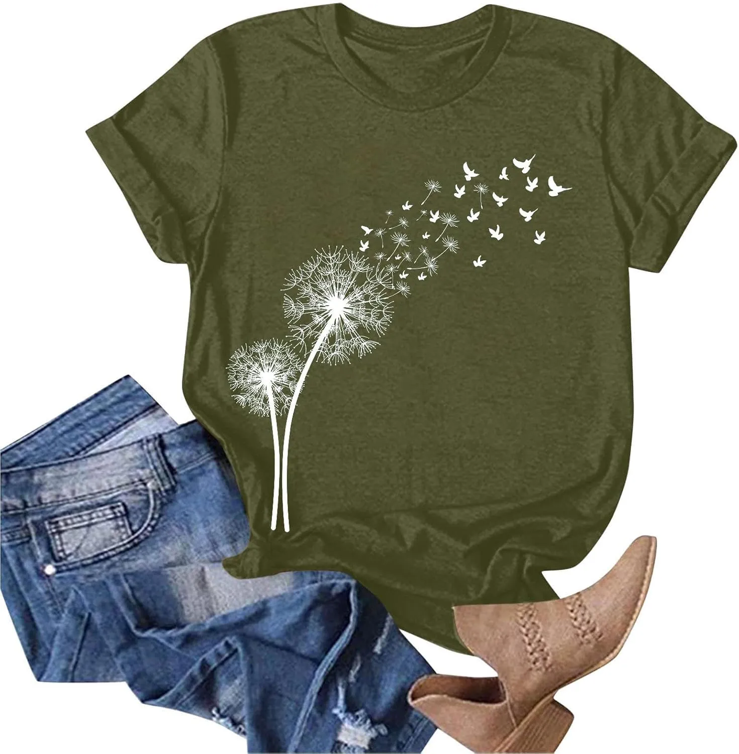 Summer Tops for Women 2025 Cute Floral Graphic Tee Shirt Dressy Round Neck Short Sleeve Tunic Pullover Petite Ladies Blouses