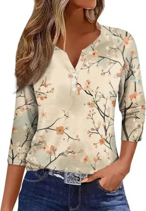 Summer Tops for Women 2025 Dressy Casual Boho 3/4 Sleeve Tunics Loose Fit T Shirts Trendy V Neck Button Down Blouses