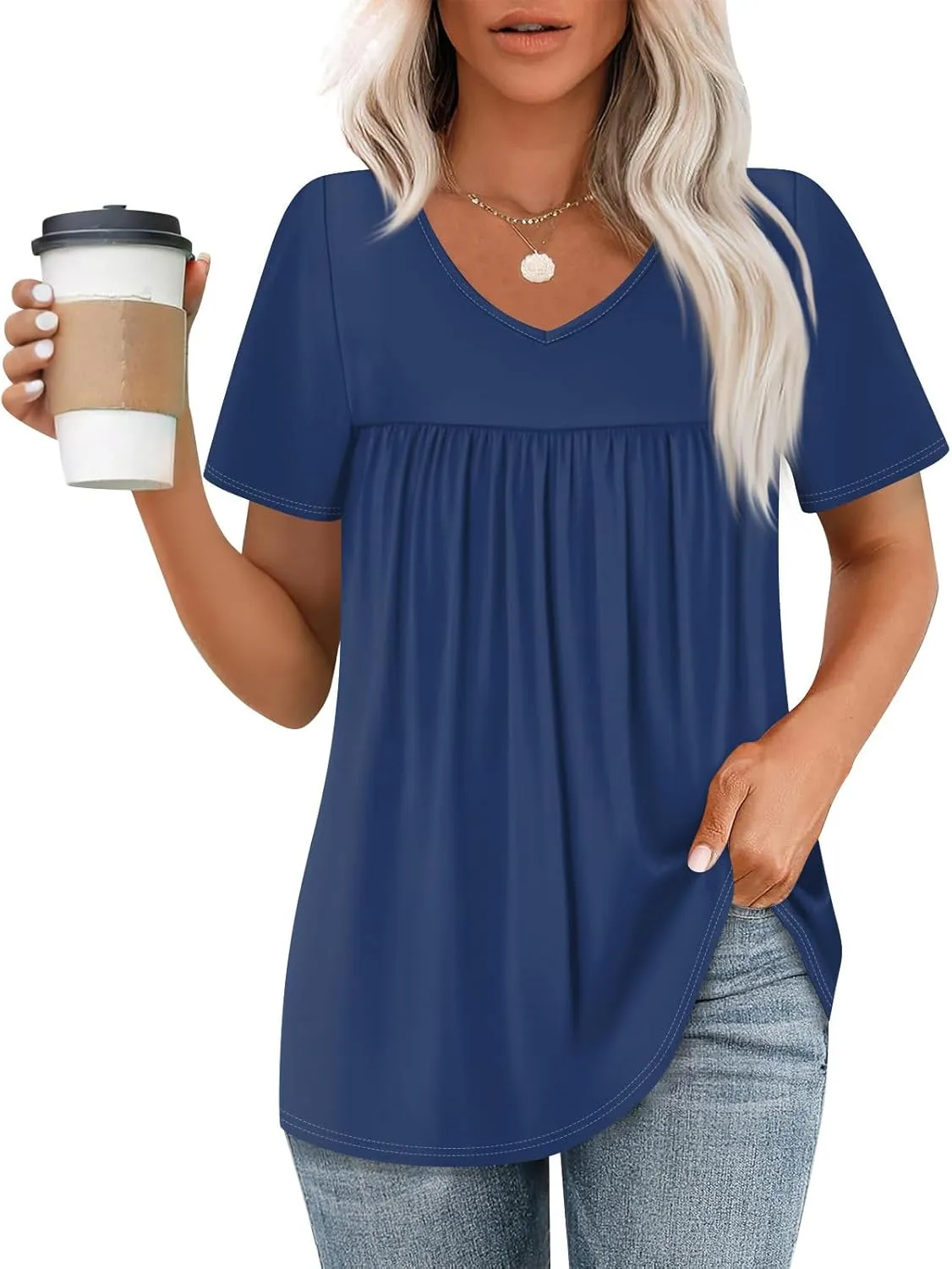 Summer Tops for Women 2025 Trendy V Neck Short Sleeve Pleated Front Shirts Dressy Casual Blouses Loose Fit Tunics