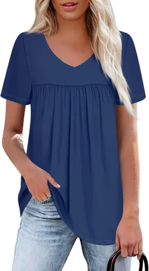 Summer Tops for Women 2025 Trendy V Neck Short Sleeve Pleated Front Shirts Dressy Casual Blouses Loose Fit Tunics