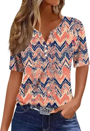 Summer Tops for Women 2025 Vacation Trendy V Neck Boho Short Sleeve Shirts Casual Loose Comfy Tunics Blouses
