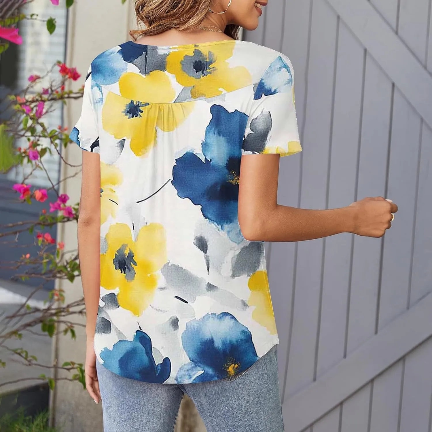 Summer Tunic Tops for Women 2025 Casual Short Sleeve Buttons Tshirts Pleated Henley Shirts Floral Print Ladies Blouse