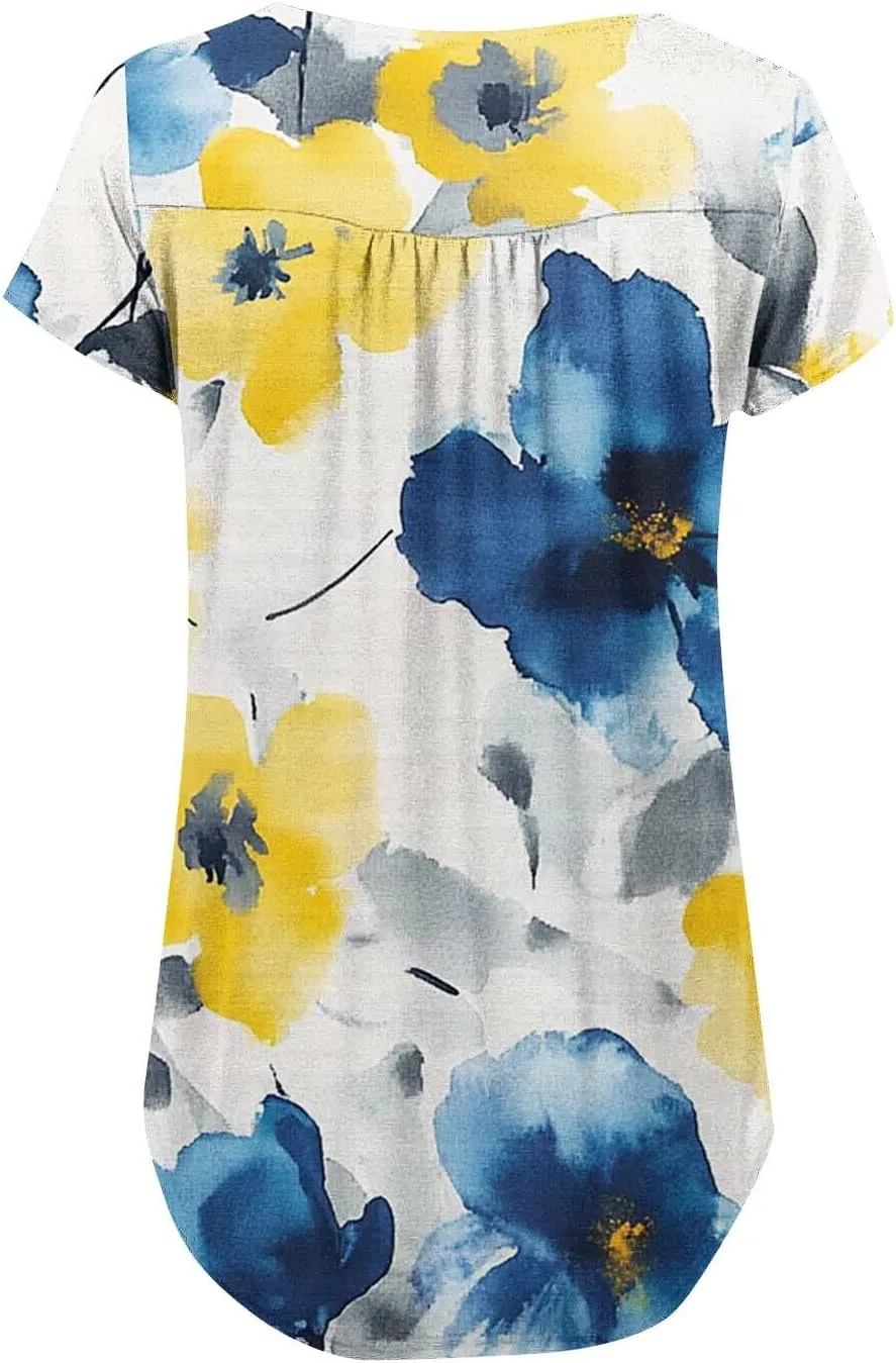 Summer Tunic Tops for Women 2025 Casual Short Sleeve Buttons Tshirts Pleated Henley Shirts Floral Print Ladies Blouse