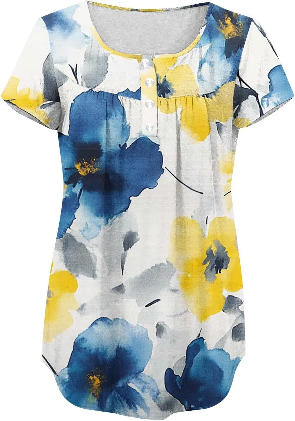 Summer Tunic Tops for Women 2025 Casual Short Sleeve Buttons Tshirts Pleated Henley Shirts Floral Print Ladies Blouse