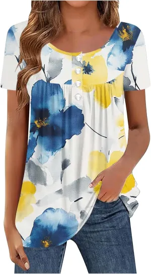 Summer Tunic Tops for Women 2025 Casual Short Sleeve Buttons Tshirts Pleated Henley Shirts Floral Print Ladies Blouse