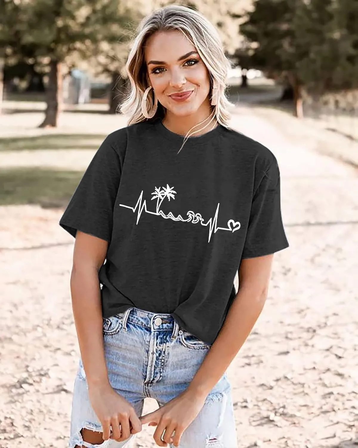 Sun Salt Sand Beach Tshirt for Women Summer Coconut Tree Graphic Casual Short Sleeve Loose Fit Tee Blouses