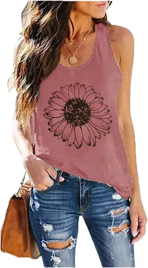 Sunflower Tank Women Funny Sunflower Graphic Sleeveless Shirts Summer Athletic Causal Beach Holiday Tee Hiking Top