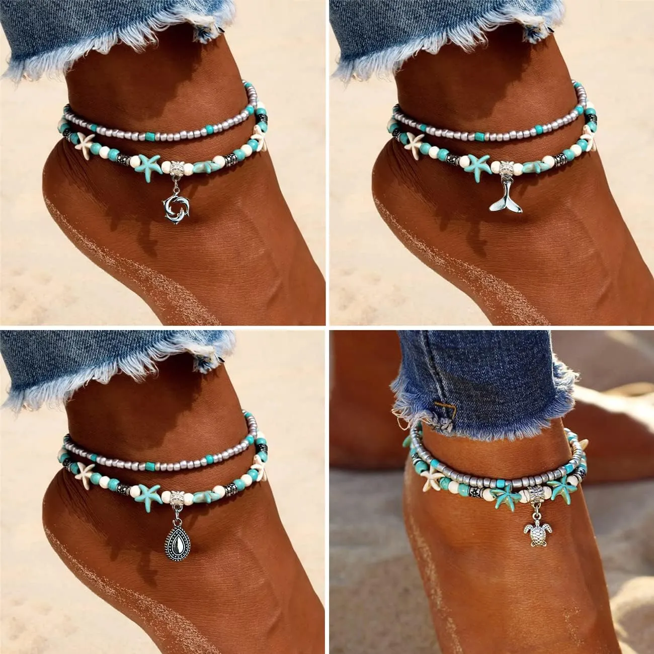 Suyi 5pcs Ankle Bracelets for Women Layered Beach Adjustable Anklets Boho Chain Anklet Foot Jewelry