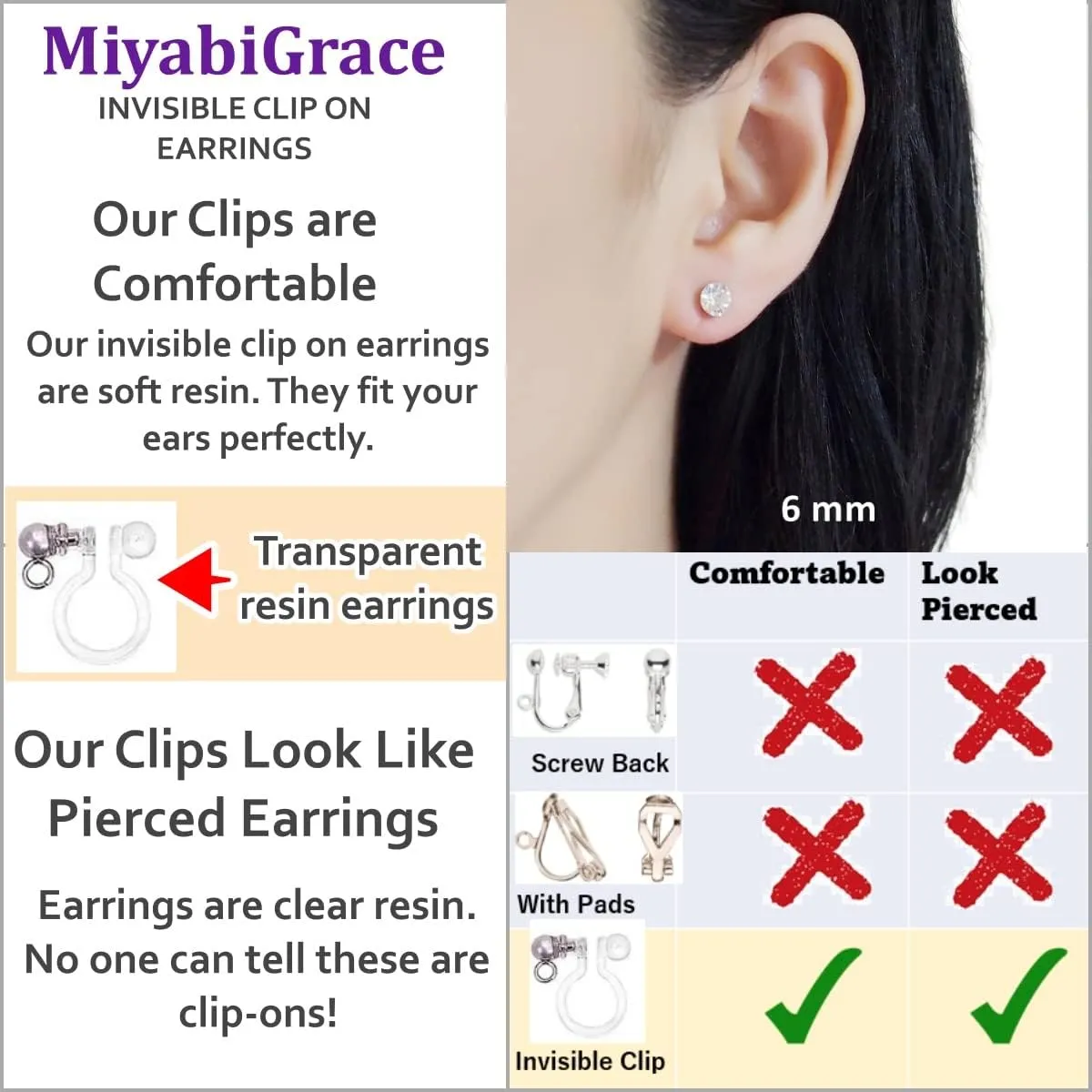 Swarovski Crystal Invisible Clip On Stud Earrings 6mm Women Fashion 8mm Miyabi Grace Light Blue Pink Red Green Black AB Purple Freshwater Pearl