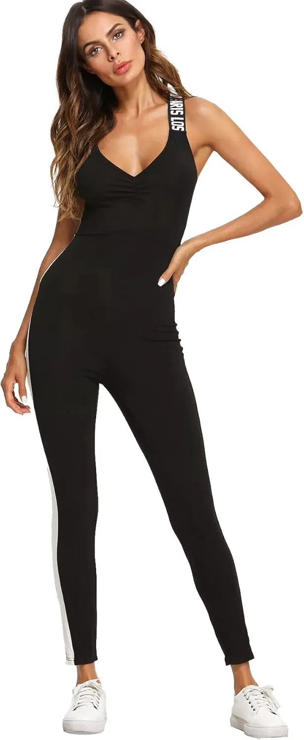 SweatyRocks Women's Spaghetti Strap Criss Cross Back Bodycon Tank Jumpsuits Rompers Playsuit