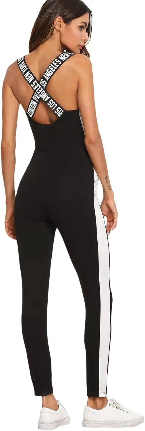 SweatyRocks Women's Spaghetti Strap Criss Cross Back Bodycon Tank Jumpsuits Rompers Playsuit