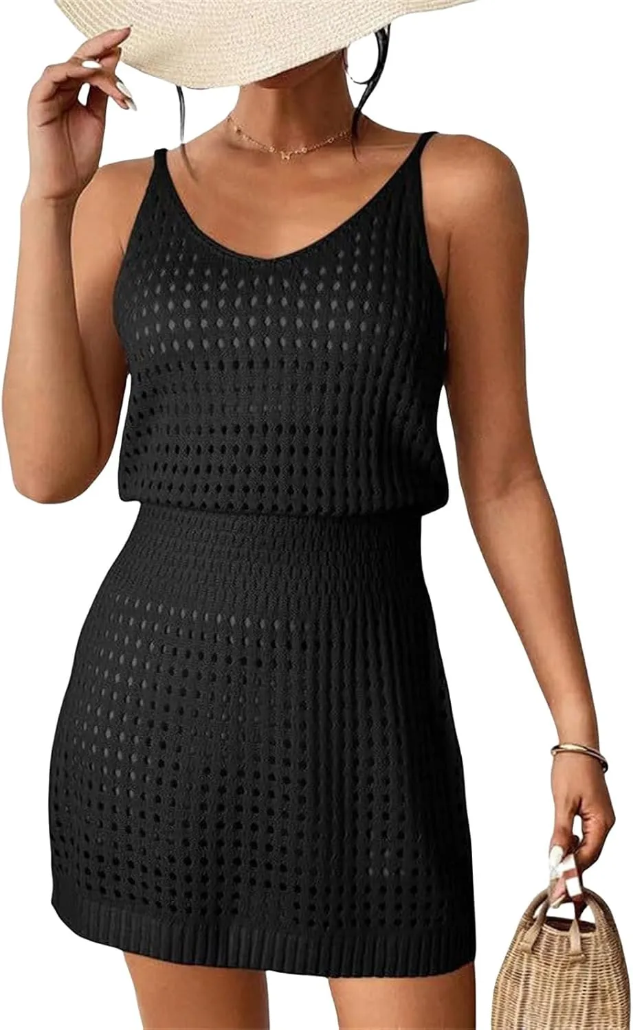 Swimsuit Coverup for Women Casual Crochet Hollow Out Knit Beach Bathing Suit Swim Cover Ups Summer Mini Vacation Dresses